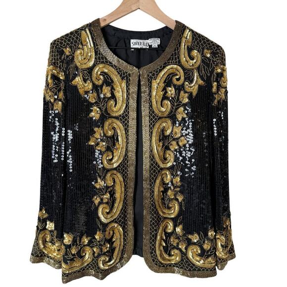 Vintage Jackets & Blazers - Vintage 80s‎ Silk Sequin and Beading Jacket Black with Gold Floral Motifs, Small